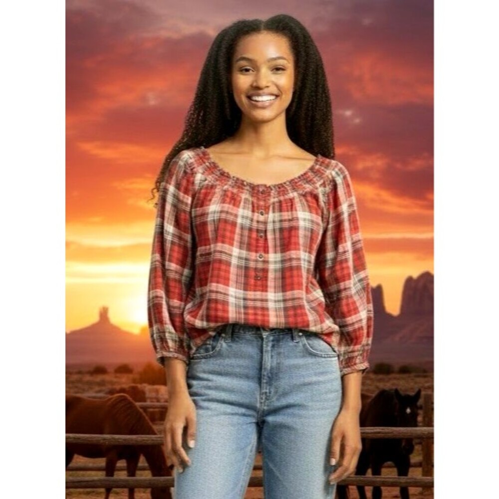Denim & Supply womens plaid boho balloon sleeve elastic waist 100% Cotton Medium